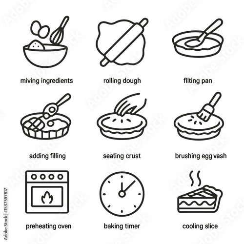 Pie Baking Icons. Outline icon set of pie baking process steps: mixing ingredients, rolling dough, filling pan, adding filling,