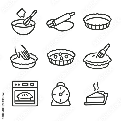 Pie Baking Icons. Outline icon set of pie baking process steps: mixing ingredients, rolling dough, filling pan, adding filling,
