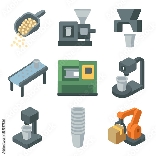 Plastic Cup Production Icons. Isometric Flat icon set of plastic cup manufacturing process: plastic pellets, injection mold,