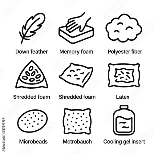 Pillow Filling Icon Set. Outline icon set of pillow filling types: down feather, memory foam, polyester fiber, buckwheat hulls,
