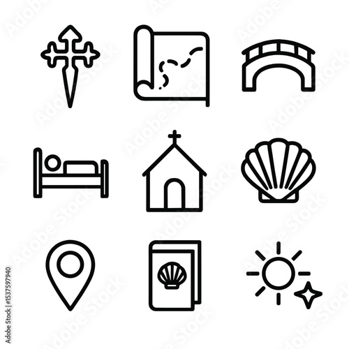 Pilgrimage Route Icons. Outline icon set of pilgrimage route markers: Camino cross, map scroll, waybridge, hostel bed icon, chapel