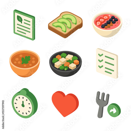 Plant Recipe Icons. Isometric Flat icon set of plant-based recipe app: recipe card, avocado toast, smoothie bowl, lentil soup,