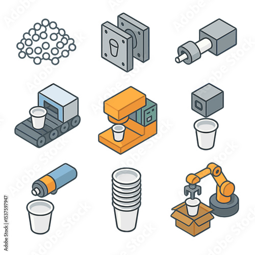Plastic Cup Production Icons. Isometric Flat icon set of plastic cup manufacturing process: plastic pellets, injection mold,