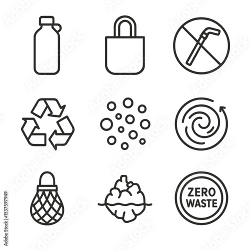 Plastic Pollution Icons. Outline icon set of plastic pollution reduction: reusable bottle, cloth bag, straw ban sign, recycling