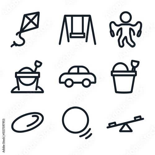 Playful Activity Icons. Outline icon set of playful activities: kite flying, swing set, jumping rope, sandbox bucket, toy car,