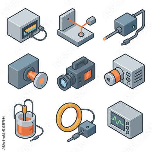 Plasma Diagnostics Icons. Isometric Flat icon set of plasma diagnostics instruments: spectrometer, interferometer, Langmuir probe,