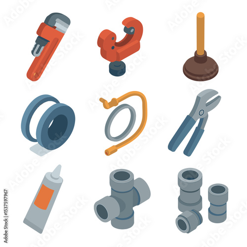 Plumbing Tools Icons. Isometric Flat icon set of plumbing repairs: pipe wrench, pipe cutter, plunger, plumber’s tape roll, drain