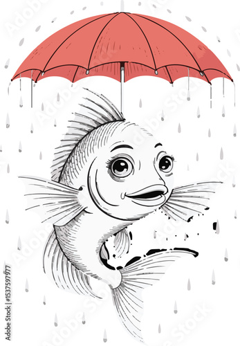 Adorable smiling fish shielded by a red umbrella in a whimsical rain illustration