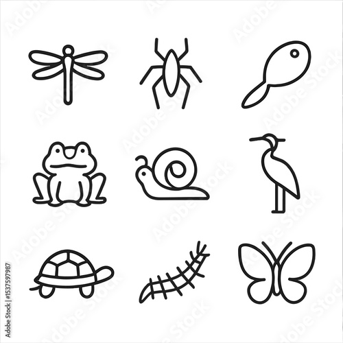 Pond Fauna Icon Set. Outline icon set of pond fauna and insects: dragonfly, water strider, tadpole, frog, snail, heron silhouette,