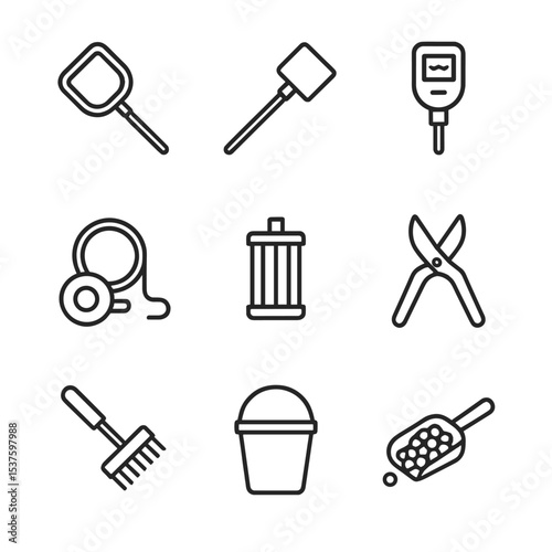 Pond Tool Icons. Outline icon set of pond maintenance tools: net scoop, algae scraper, water tester, oxygen pump, filter cartridge