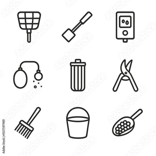 Pond Tool Icons. Outline icon set of pond maintenance tools: net scoop, algae scraper, water tester, oxygen pump, filter cartridge