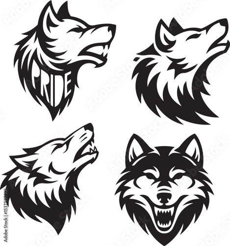 Set of powerful wolf head designs in various poses for graphic design projects