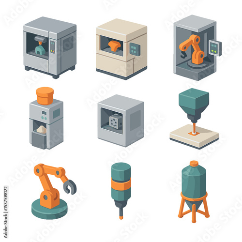 3D Printing Icon Set. Isometric Flat icon set of additive manufacturing and 3D printing automation: industrial 3D printer, powder