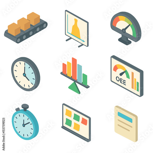 Production Line Icons. Isometric Flat icon set of production line optimization: conveyor belt, bottleneck chart, throughput meter,