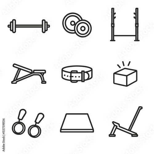 Powerlifting Equipment Icons. Outline icon set of powerlifting equipment: barbell, weight plates, squat rack, bench, lifting belt,