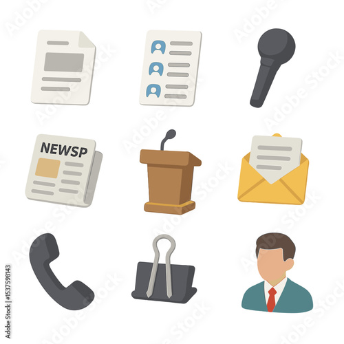 PR Icons Collection. Isometric Flat icon set of PR and media outreach: press release sheet, media contact list, microphone,