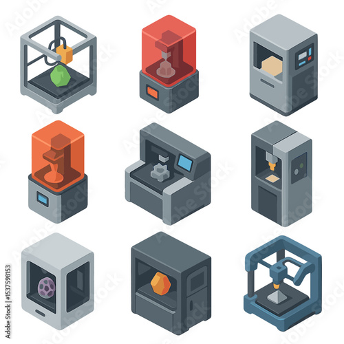 3D Printer Icon Set. Isometric Flat icon set of 3D printer types: FDM printer, SLA printer, SLS printer, DLP printer, PolyJet