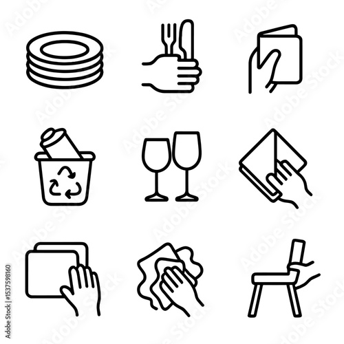 Post-Meal Task Icons. Outline icon set of post-meal clearing tasks: stack plates, gather utensils, collect napkins, sort