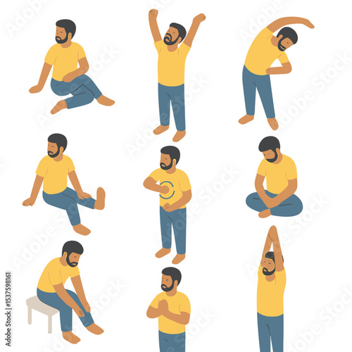 Post-Nap Stretch Icons. Isometric Flat icon set of post-nap reactivation stretches: gentle twist, full-body yawn pose, arm reach