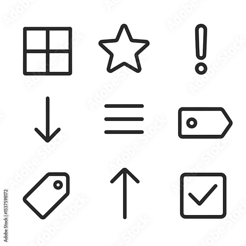 Prioritization Matrix Icons. Outline icon set of prioritization matrix planning: four-quadrant grid, high-priority star,