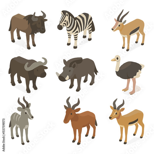 Prey Species Icons. Isometric Flat icon set of prey species: wildebeest, zebra, gazelle, buffalo, warthog, ostrich, kudu,