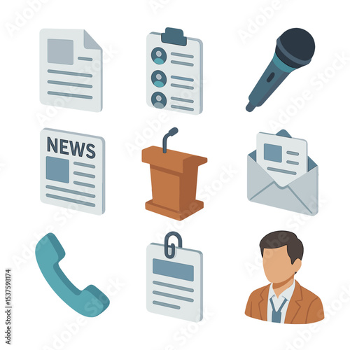 PR Icons Collection. Isometric Flat icon set of PR and media outreach: press release sheet, media contact list, microphone,
