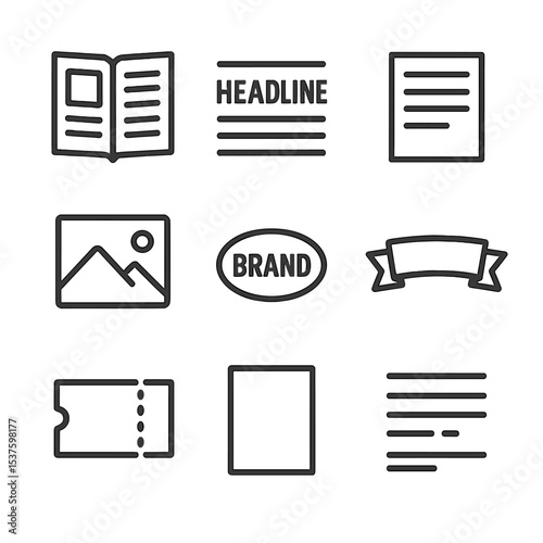 Print Ad Icon Set. Outline icon set of print advertisement elements: magazine layout, headline text, body copy block, product