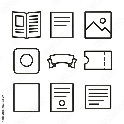 Print Ad Icon Set. Outline icon set of print advertisement elements: magazine layout, headline text, body copy block, product