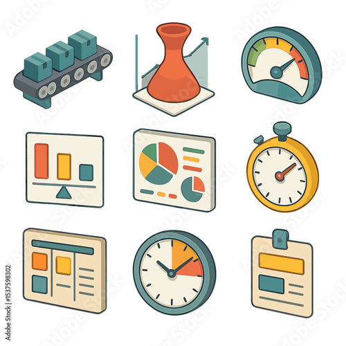 Production Line Icons. Isometric Flat icon set of production line optimization: conveyor belt, bottleneck chart, throughput meter,