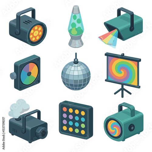 Psychedelic Light Icons. Isometric Flat icon set of Psychedelic Light Show: strobe light, lava lamp, laser beam, color filter,