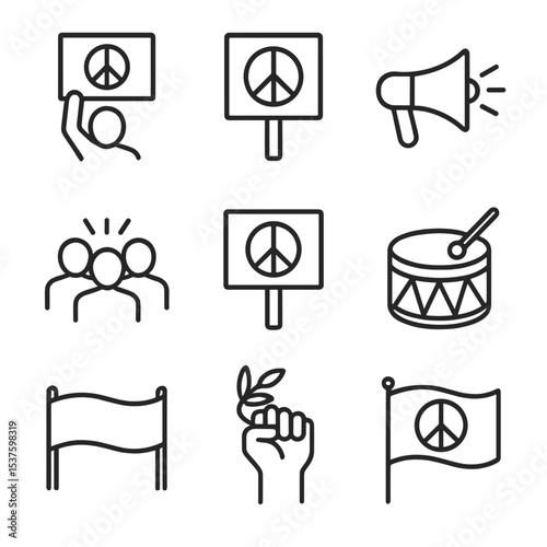 Protest and Peace Icons. Outline icon set of protest and peace rallies: protester silhouette, peace placard, megaphone, crowd