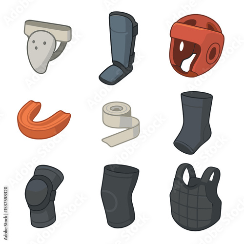 Protective Gear Icons. Isometric Flat icon set of protective gear: groin cup, shin guard, headgear, mouthguard, hand wraps, ankle
