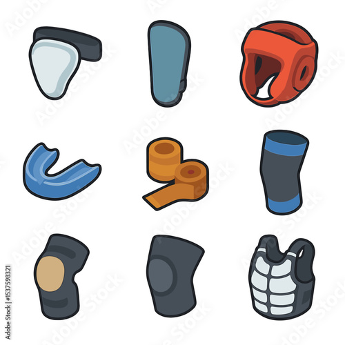 Protective Gear Icons. Isometric Flat icon set of protective gear: groin cup, shin guard, headgear, mouthguard, hand wraps, ankle