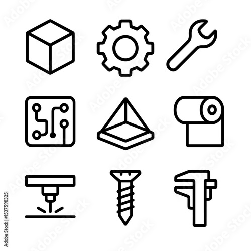 3D Prototyping Icons. Outline icon set of rapid prototyping: 3D cube, gear icon, wrench, circuit board, model outline, material