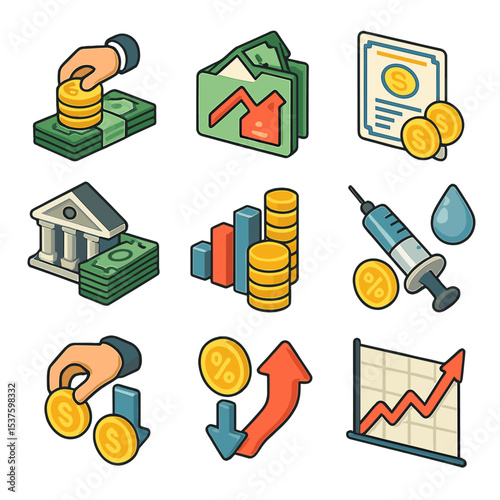 Quantitative Easing Icons. Isometric Flat icon set of quantitative easing measures: asset purchase, mortgage-backed securities,