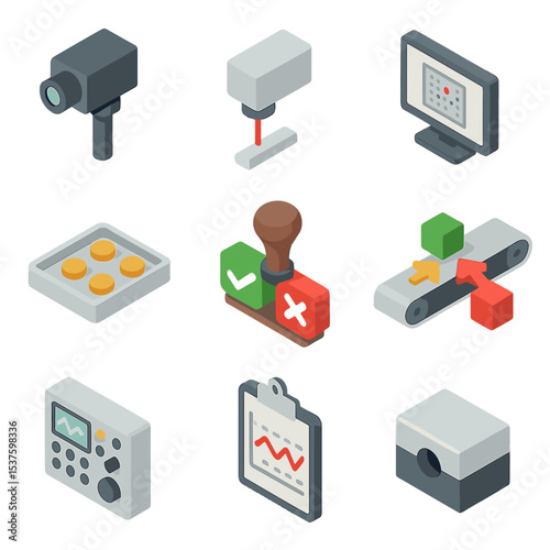 Quality Control Icons. Isometric Flat icon set of quality control automation: vision inspection camera, laser micrometer, defect