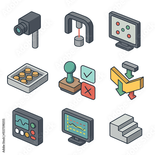 Quality Control Icons. Isometric Flat icon set of quality control automation: vision inspection camera, laser micrometer, defect