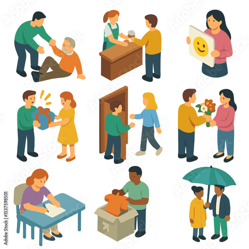 Random Acts Icons. Isometric Flat icon set of random acts of kindness: helping stranger, paying for coffee, compliment card,