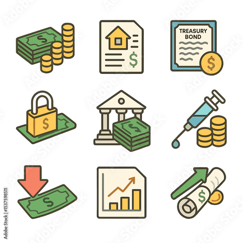 Quantitative Easing Icons. Isometric Flat icon set of quantitative easing measures: asset purchase, mortgage-backed securities,