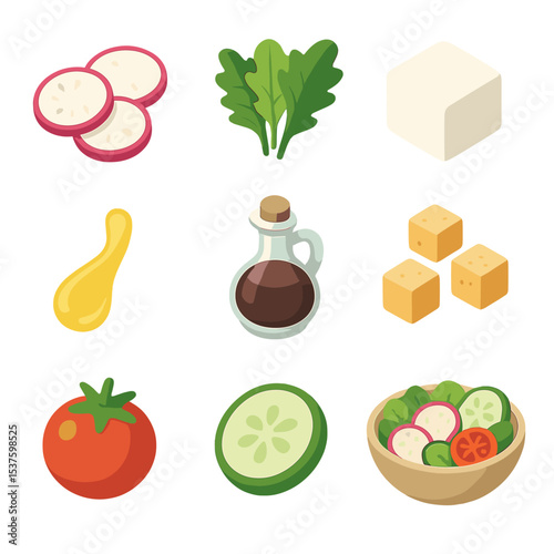 Radish Salad Icon Set. Isometric Flat icon set of radish salad variations: sliced radish, mixed greens, feta cheese cube, olive