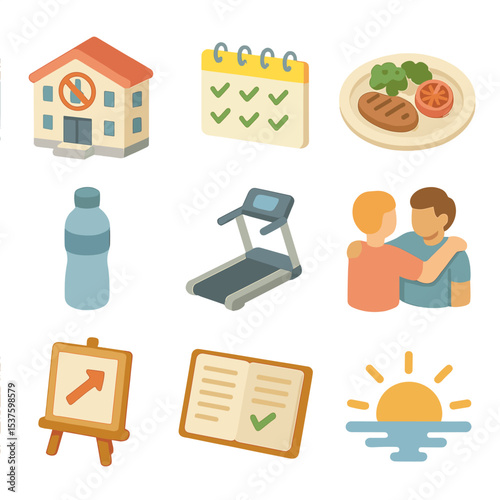 Recovery Journey Icons. Isometric Flat icon set of recovery journey from alcohol: rehabilitation center building, calendar with