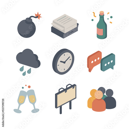Relapse Triggers Icons. Isometric Flat icon set of common relapse triggers: stress bomb, work pile, party bottle, storm cloud,