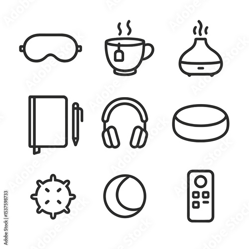 Relaxation Essentials Icons. Outline icon set of relaxation essentials: eye mask, herbal tea cup, essential oil diffuser, journal,