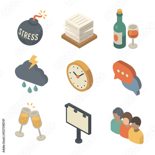 Relapse Triggers Icons. Isometric Flat icon set of common relapse triggers: stress bomb, work pile, party bottle, storm cloud,