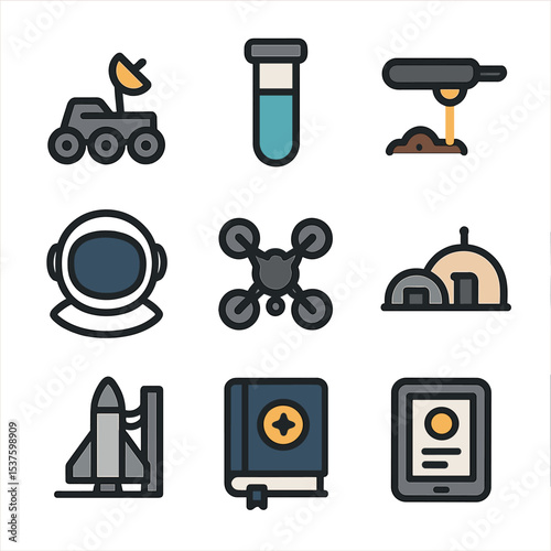 Research Mission Icons. Flat icon set of research and exploration missions: rover vehicle, sample vial, scanning probe, data