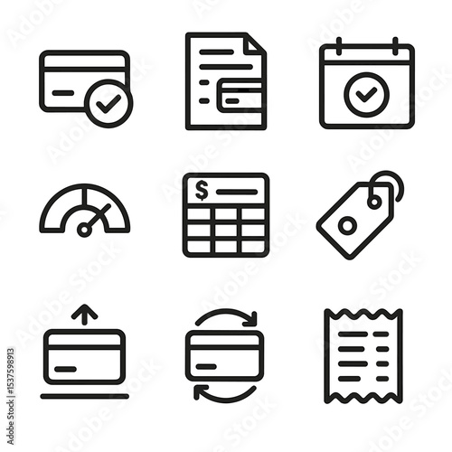Responsible Credit Card Icons. Outline icon set of responsible credit card habits: pay in full, statement review, due date