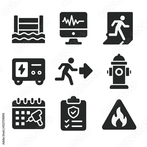 Resilient City Icons. Solid, Filled icon set of resilient city infrastructure: flood barrier, earthquake sensor, emergency exit,