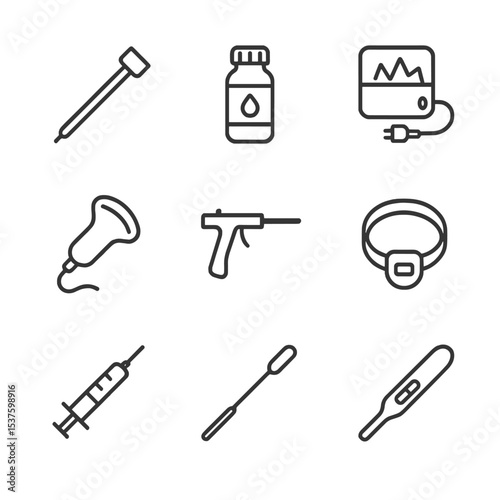 Reproductive Tech Icons. Outline icon set of reproductive technologies: AI straw, semen extender, thawing device, insemination gun