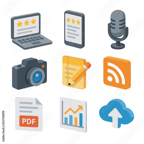 Isometric Reviewer Tools. Isometric Flat icon set of reviewer tools and platforms: laptop with review page, smartphone reading app
