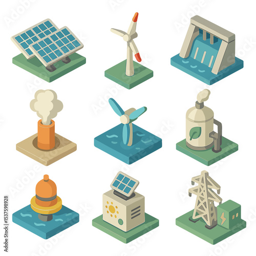 Renewable Energy Icons. Isometric Flat icon set of renewable energy generation: solar panel array, wind turbine, hydroelectric dam